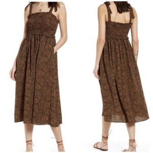 Treasure & Bond Leopard Smocked XS XSmall Midi Sun Dress Sundress tie straps